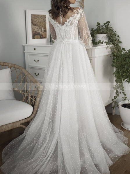 Dotted Tulle Wedding Dress,A-line Wedding Dress With Sheer Sleeve,WD01015