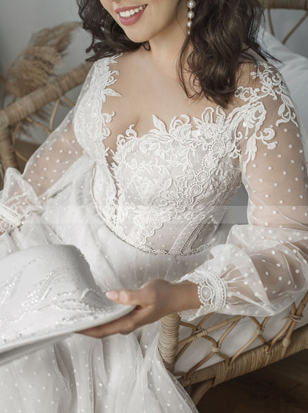 Dotted Tulle Wedding Dress,A-line Wedding Dress With Sheer Sleeve,WD01015