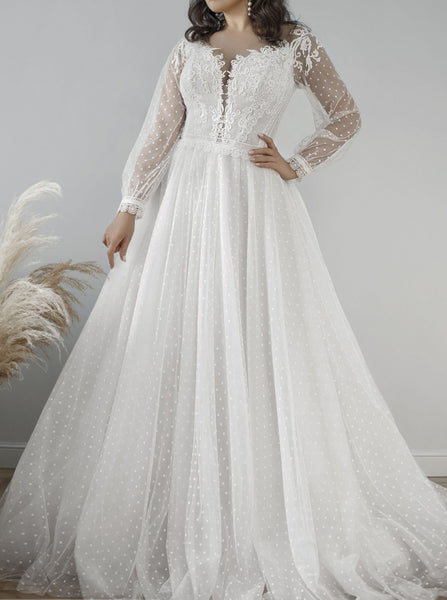 Dotted Tulle Wedding Dress,A-line Wedding Dress With Sheer Sleeve,WD01015