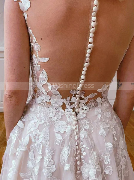 Illusion Back A-line Wedding Dress,Blush Pink Bridal Dress,WD01018