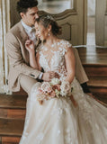 Romantic Wedding Dress,See Through 3D Floral Lace-Appliqued Bridal Gown,WD01030