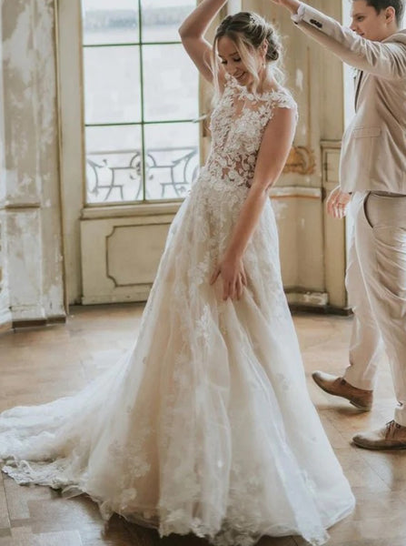 Romantic Wedding Dress,See Through 3D Floral Lace-Appliqued Bridal Gown,WD01030