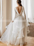 Floor Length Long Sleeve Wedding Dress,Illusion Neckline V Back Bridal Dress,WD01034