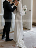 Sheath Wedding Dress With Thigh-high Slit,Soft Satin Wedding Dress With Sleeve,WD01048