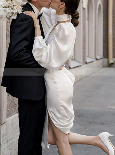 Sheath Wedding Dress With Thigh-high Slit,Soft Satin Wedding Dress With Sleeve,WD01048