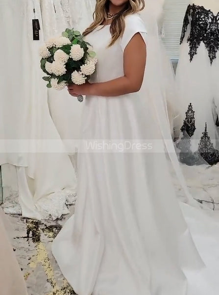 A-line Plus Size Wedding Gown,Satin Plus Size Bridal Gown With Short Sleeve,WD01052