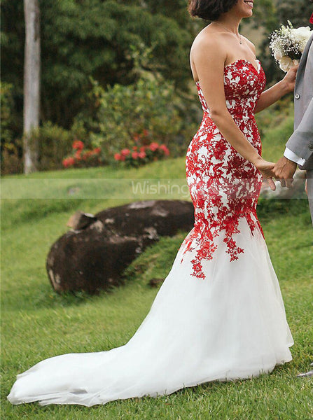 Trumpet Wedding Dress,Red Lace Appliques Over White Tulle Bridal Gown,WD01056