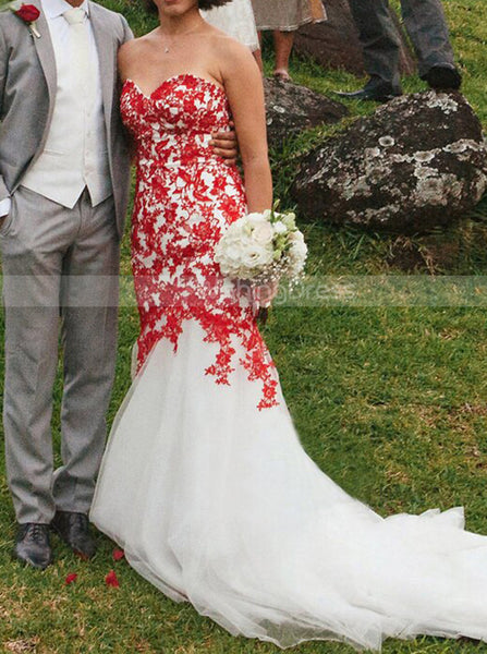 Trumpet Wedding Dress,Red Lace Appliques Over White Tulle Bridal Gown,WD01056