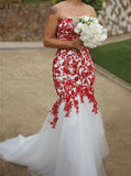 Trumpet Wedding Dress,Red Lace Appliques Over White Tulle Bridal Gown,WD01056