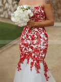 Trumpet Wedding Dress,Red Lace Appliques Over White Tulle Bridal Gown,WD01056