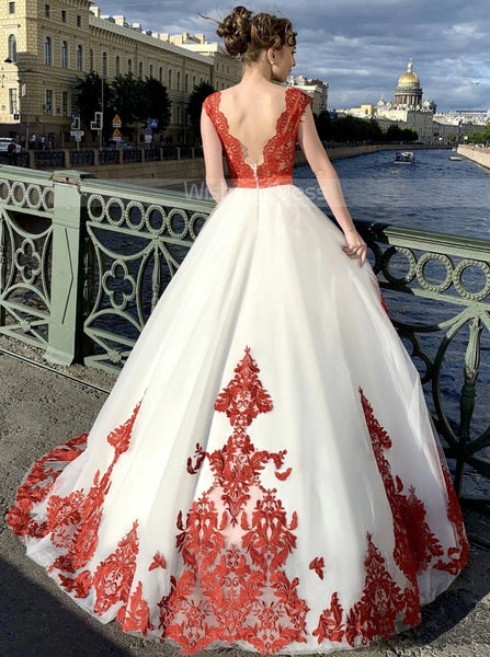 A-line Wedding Dress With High Slit,Red White Bridal Gown,WD01035