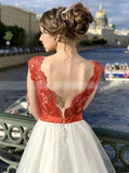 A-line Wedding Dress With High Slit,Red White Bridal Gown,WD01035