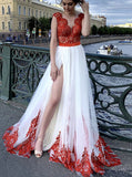 A-line Wedding Dress With High Slit,Red White Bridal Gown,WD01035