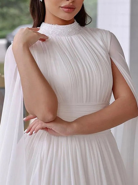 A-line Chiffon Wedding Dress With Cape Sleeves,High Neck Bridal Gown,WD01039