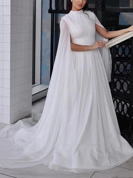 A-line Chiffon Wedding Dress With Cape Sleeves,High Neck Bridal Gown,WD01039