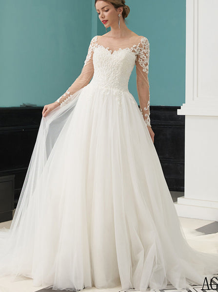 A-line Tulle Bridal Gown,Long Sleeve Scoop Neckline Wedding Dress,WD01065