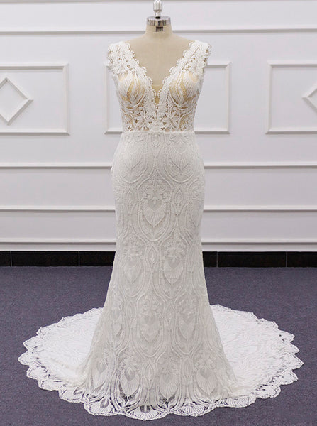 Plus Size Lace Wedding Dress,Fitted V Back Bridal Dress,WD01066