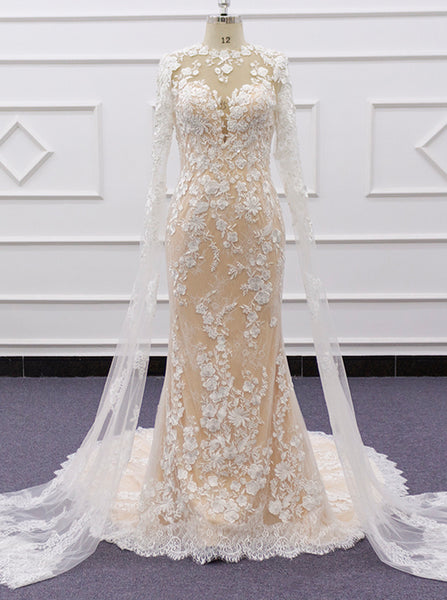 Romantic Cutout Back Bridal Gown,Lace Wedding Dress With Floor-sweeping Sleeve,WD01070