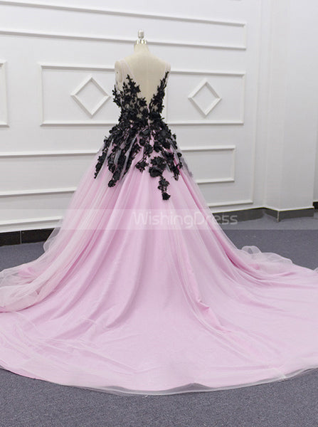 Black And Pink Wedding Gown,Princess V-neck Bridal Gown,WD01071