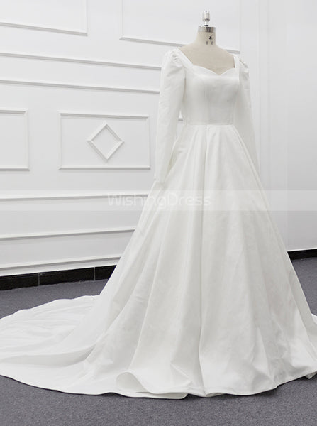 Modest Satin Wedding Gown With Sleeve,Classic Bridal Gown,WD01083