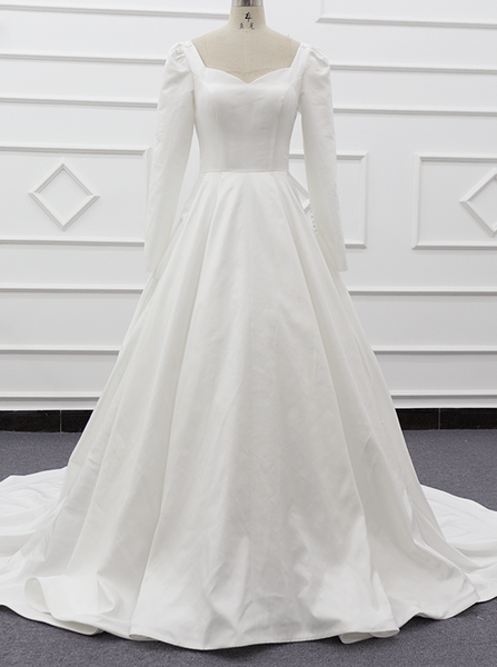 Modest Satin Wedding Gown With Sleeve,Classic Bridal Gown,WD01083