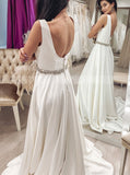 A-line Satin Wedding Dress,Plunging Neckline Wedding Dress,WD01089