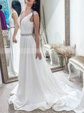 A-line Satin Wedding Dress,Plunging Neckline Wedding Dress,WD01089