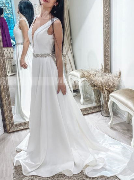 A-line Satin Wedding Dress,Plunging Neckline Wedding Dress,WD01089