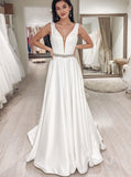 A-line Satin Wedding Dress,Plunging Neckline Wedding Dress,WD01089