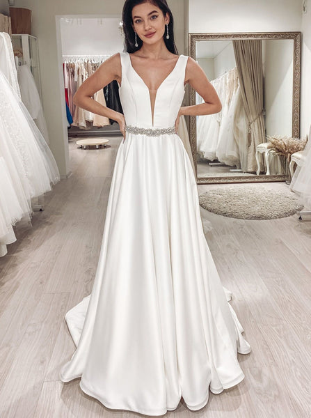 A-line Satin Wedding Dress,Plunging Neckline Wedding Dress,WD01089