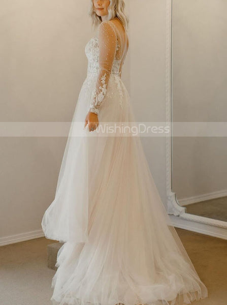 Sheer Neckline Wedding Gown,Romantic Wedding Dress,WD01093