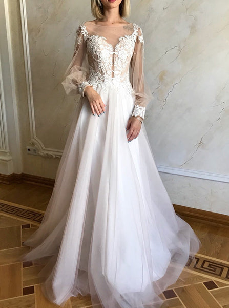 A-line Wedding Dress,Bishop Sleeves Bridal Gown,WD01096