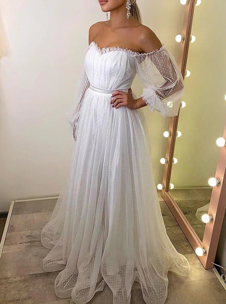 Off The Shoulder Floor Length Wedding Dress,Dotted Tulle Bridal Gown,WD01110