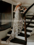 Boho Lace Wedding Dress With Sleeve,V Back Destination Bridal Dress,WD01116