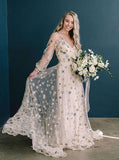 Stars Wedding Dress V Neck,Light Champagne Long Sleeve Bohemian Bridal Gowns,WD01117