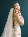 Stars Wedding Dress V Neck,Light Champagne Long Sleeve Bohemian Bridal Gowns,WD01117