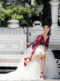 Illusion Neckline Long Sleeve Wedding Dress,Burgundy White Bridal Dress,WD00868