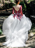 Illusion Neckline Long Sleeve Wedding Dress,Burgundy White Bridal Dress,WD00868