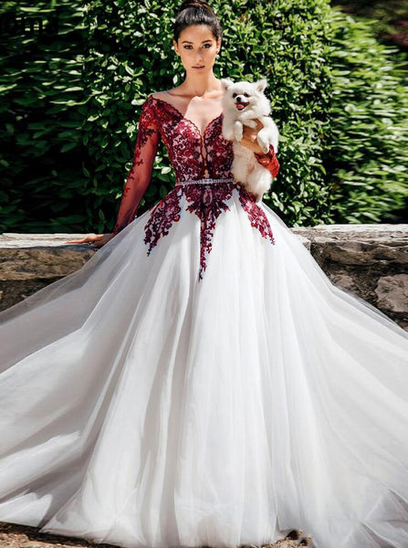 Illusion Neckline Long Sleeve Wedding Dress,Burgundy White Bridal Dress,WD00868