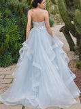 Sky Blue Sweetheart Neckline Wedding Gown,Flounce Tulle Skirt Bridal Gown,WD00869