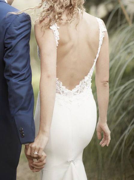 Open Back Wedding Dress,Fitted Stretch Crepe Wedding Dress,WD00872