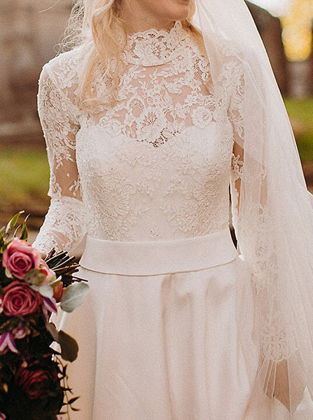 A-line Lace Bodice Satin Skirt Wedding Gown, Modest Bridal Dress With Sleeve,WD00873