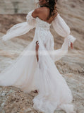 Boho Wedding Dress With Removable Sleeve,Destination Bridal Dress,WD00884