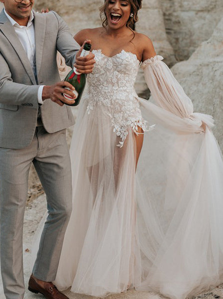 Boho Wedding Dress With Removable Sleeve,Destination Bridal Dress,WD00884