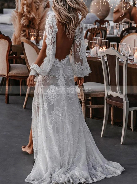 Romantic Lace Wedding Dress,Destination Open Back Bridal Dress,WD00914