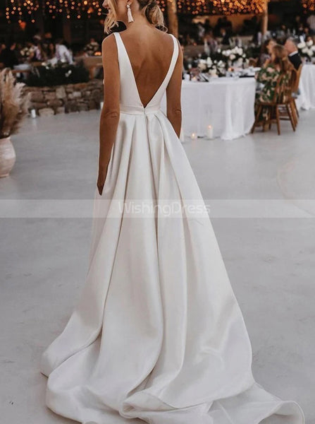 Modern A-line Wedding Dress,Deep V Neck Satin Wedding Dress,WD00919
