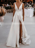 Modern A-line Wedding Dress,Deep V Neck Satin Wedding Dress,WD00919