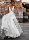 Modern A-line Wedding Dress,Deep V Neck Satin Wedding Dress,WD00919