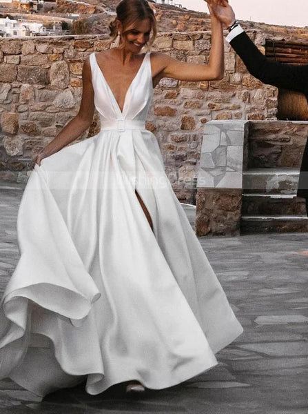 Modern A-line Wedding Dress,Deep V Neck Satin Wedding Dress,WD00919