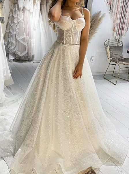 Dazzling Corset Bodice Wedding Dress,Glitter Lace Up Bridal Gown,WD00921